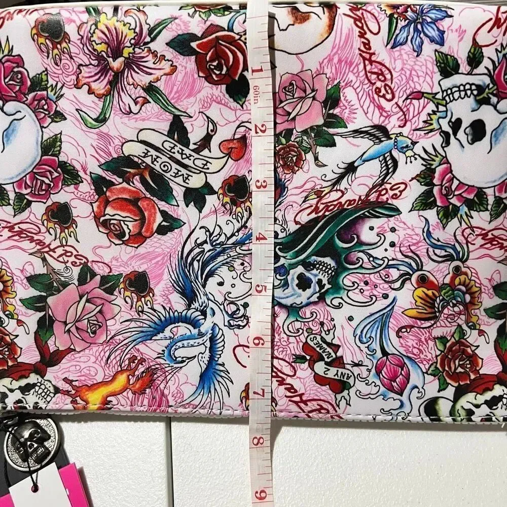 NWT Y2K Ed Hardy Tattoo Graphic Print Canvas White Pink Skull Floral Flame